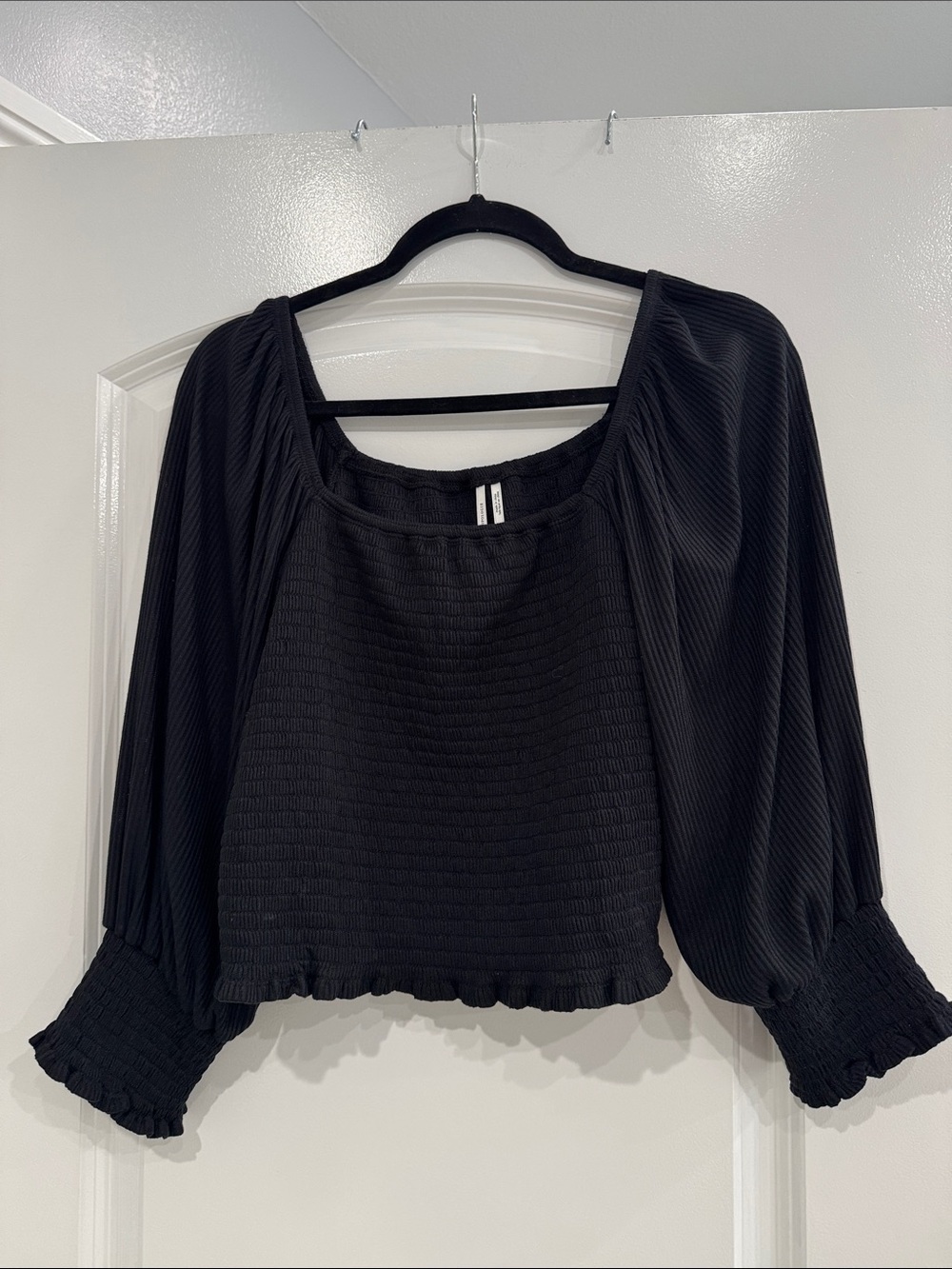 Anthropologie Black Smocked Cropped Balloon-Sleeve Top